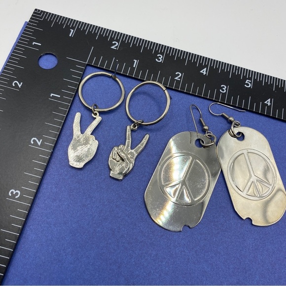 Peace Sign Earrings Two Pairs Pierced Long Dangle Silvertone - Picture 3 of 4